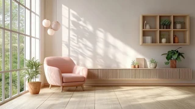Soft pink armchair in a bright Scandinavian living room beside large windows and wooden wall shelving.