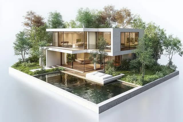 Top-down architectural rendering of a minimalist house with a pool and surrounding green garden trees.