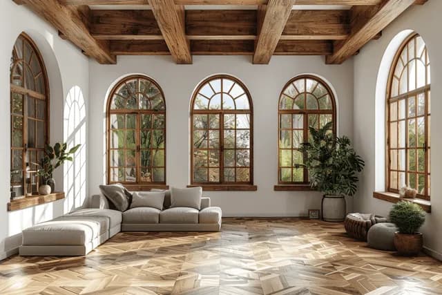 Sunlit living room with exposed wooden beams, arched windows, beige sectional sofa, and potted plants on stone tile.