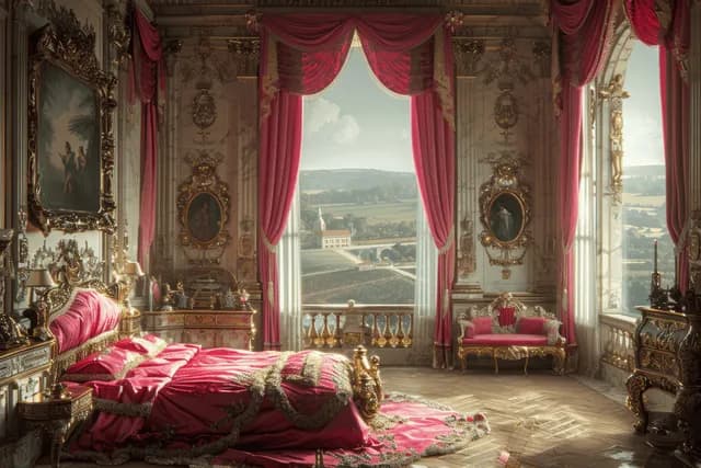 Rococo princess bedroom scene with a pink-and-gold canopy bed, red velvet curtains, and sunlit palace windows.