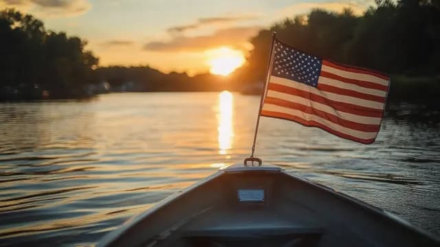 View from a boat bow on calm lake at sunset with gently waving American flag