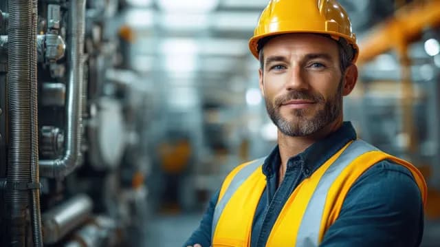 Trabalhador industrial confiante com capacete de segurança amarelo e colete refletivo, braços cruzados na fábrica