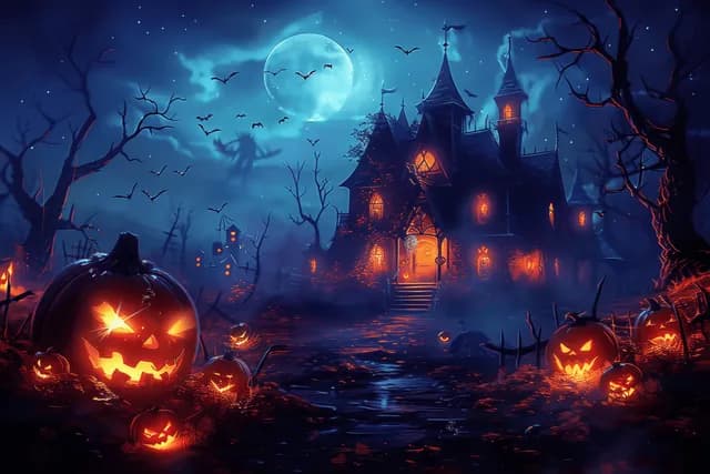 A haunted house glows at night with carved jack-o'-lanterns, leafless trees, bats, and a full moon in the sky.