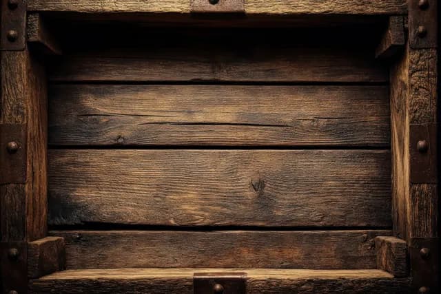 Weathered wooden planks sit inside a thick timber frame with metal bolts, showing deep grain and cracks.