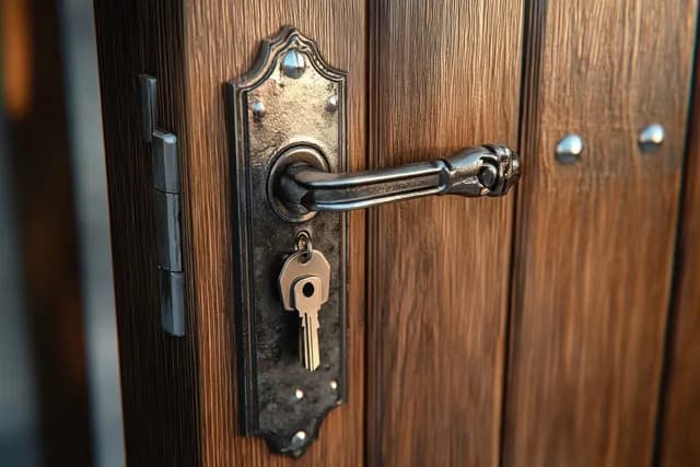 Ornate antique door handle with a key inserted in the lock plate on a weathered wooden door.