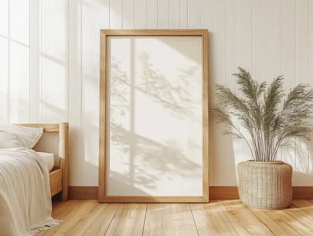 A minimalist wooden-framed mirror stands in a bright Scandinavian bedroom near a linen bed and potted plant.