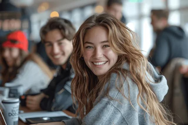 Estudantes colaborando com laptops em um café universitário, sorrindo e conversando juntos