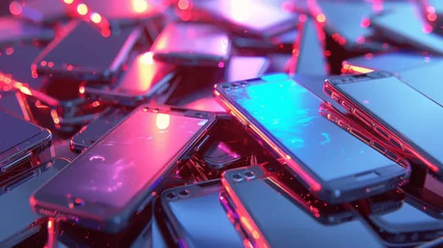 Pile of Smartphones Glowing Neon Against a Holographic Tech Background