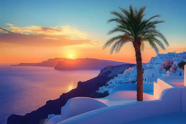 Sunset over cliffside coastal town with white buildings and lone palm tree by calm sea