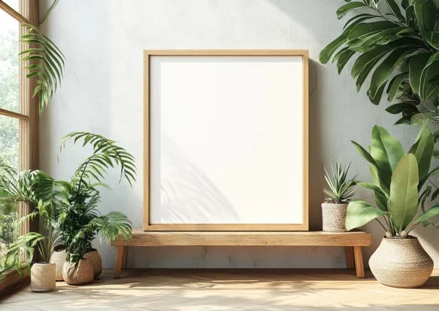 Empty minimalist picture frame on a wooden table with potted green plants and soft sunlight around it.
