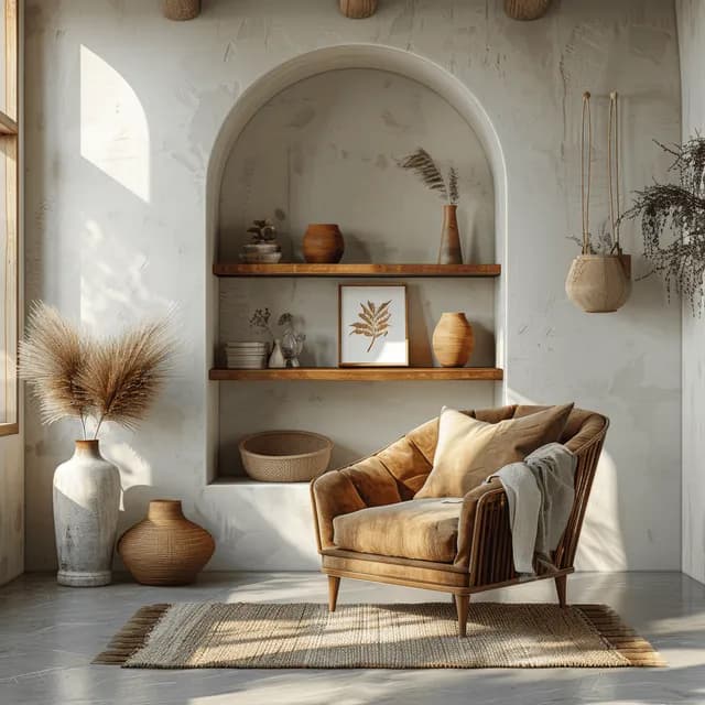 Brown armchair in a minimalist room with an arched wooden shelf holding vases and a framed poster.