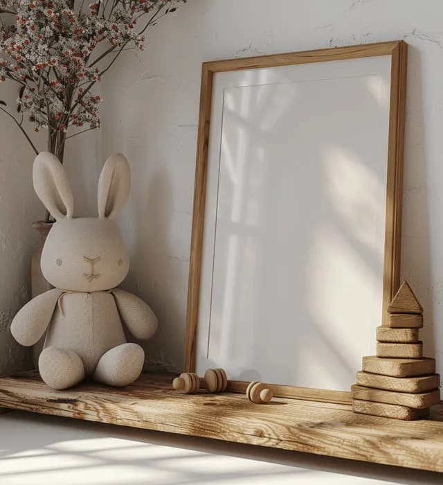 A blank wooden picture frame sits on a nursery shelf beside stacked wooden blocks and a seated bunny figurine.