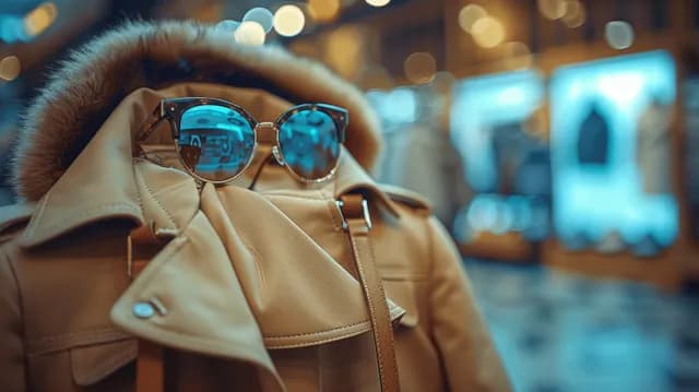 Beige trench coat, leather handbags, and blue sunglasses displayed in a boutique with blurred interior lights.