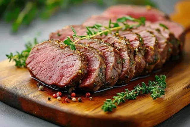 Sliced medium-rare beef steak on a wooden board with fresh herbs and peppercorns scattered around.