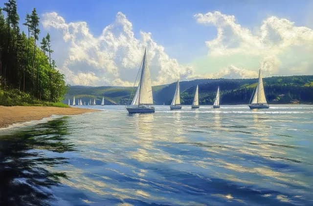 Sailboats gliding on calm lake water near green forest shoreline under partly cloudy sky