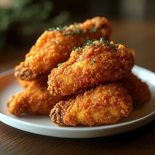 Crispy golden fried chicken wings are piled on a white plate with green herb garnish.