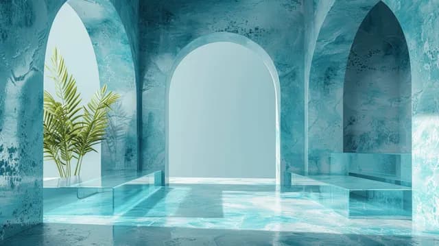 Turquoise interior hall with arched openings, a reflective pool, palm leaves, and soft daylight shadows.