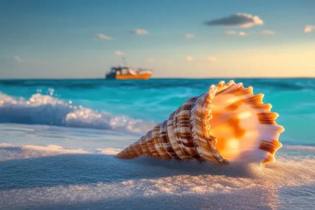 Seashell close-up on sandy beach with sunset waves and a distant boat on ocean