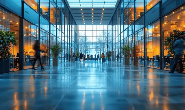People walk through a glass hallway inside a modern office with indoor plants and warm ceiling lights.