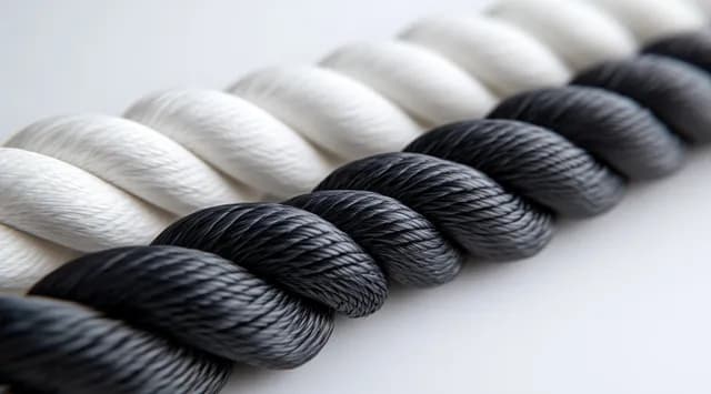 Black and white knitted scarf strands laid parallel on a light background showing chunky yarn texture.