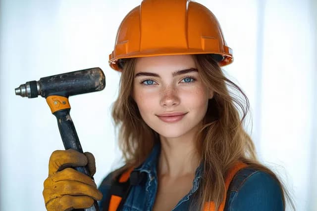 Jovem operária da construção civil segurando um martelo e um capacete laranja sobre um fundo claro