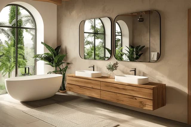 Modern bathroom interior showing a freestanding bathtub, wooden twin-sink vanity, arched windows, and green houseplants.