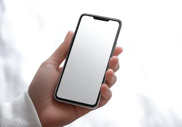 Hand holding a smartphone with blank white display against softly blurred background