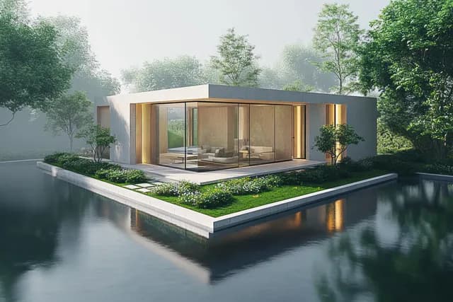 Minimalist modern house model with a reflective swimming pool terrace and trees, lit by warm daylight windows.