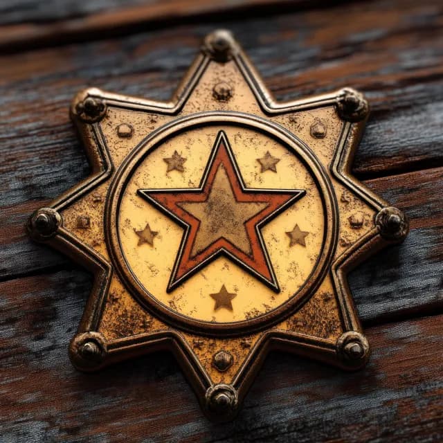 Worn sheriff badge with star emblem on rustic weathered wood with visible patina.