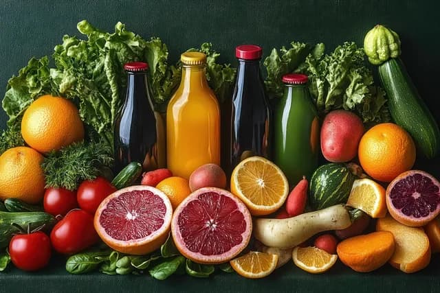 Colorful citrus fruits, leafy greens, and juice bottles arranged on a dark tabletop.