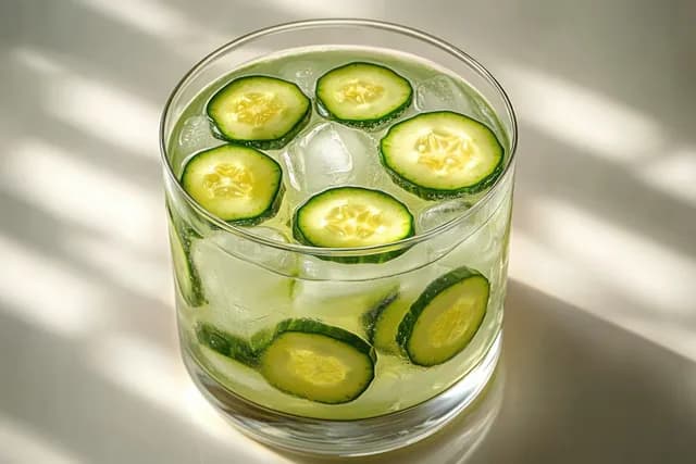 A round glass of clear iced water filled with fresh cucumber slices in bright natural sunlight.