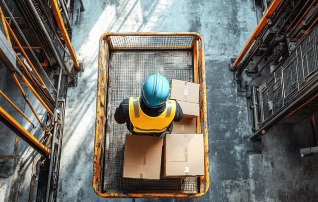 Trabalhador de armazém com capacete azul e colete amarelo levantando caixas de papelão em plataforma metálica