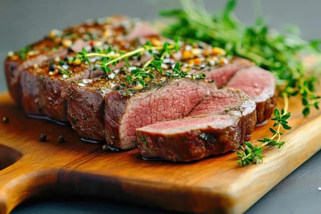Sliced medium-rare steak with fresh thyme on a wooden cutting board, with a softly blurred background.