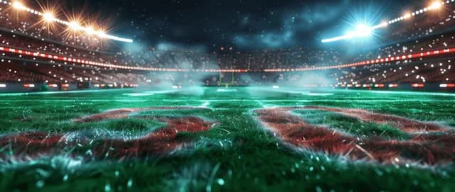 Night football stadium view with midfield number 50 spotlight and glowing turf lines