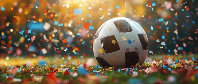Soccer ball celebrating in confetti stream, winner moment on a stadium pitch