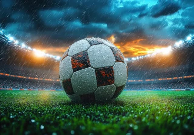 Illuminated soccer ball dominates stormy stadium view with rain and spotlight glare