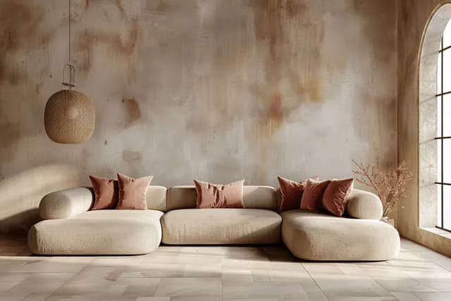 Beige corner sofa with terracotta pillows in a textured plaster room beside an arched window with daylight.
