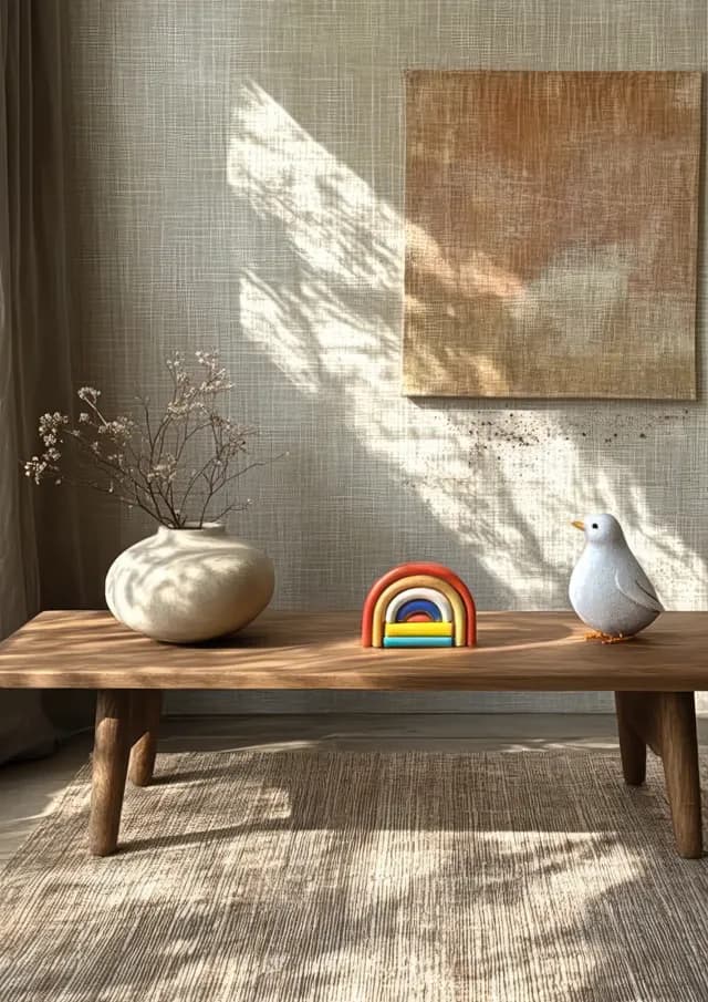 Minimal children’s room interior with a wooden table, colorful toy, bird figurine, and sunlight shadows on the wall.