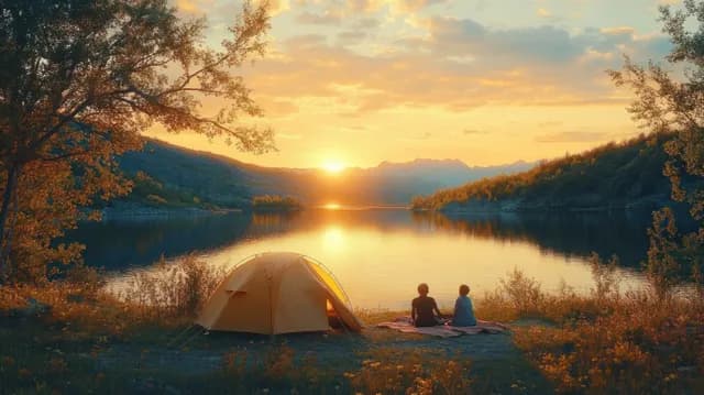 Sunset Camping by a Lake with Two People and a Yellow Tent