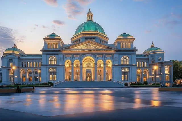 Edifício do Parlamento Suíço ao entardecer, fachada neoclássica iluminada com cúpula verde