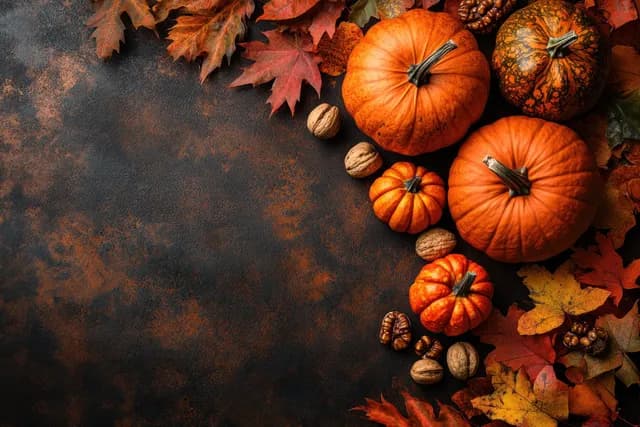 Pumpkins, nuts, corn, and fallen leaves arranged on a dark background with warm autumn colors.