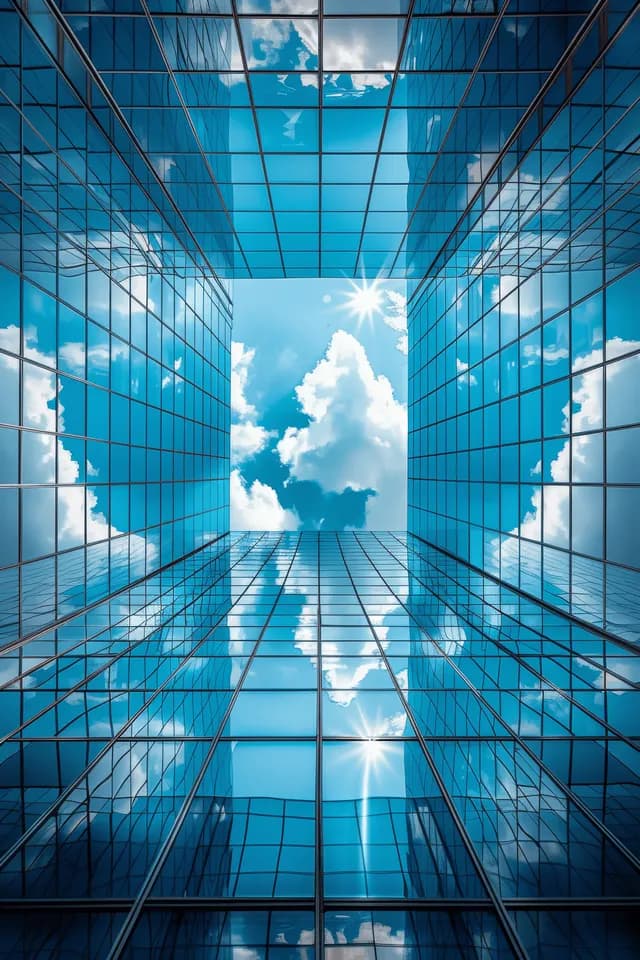 Symmetrical mirrored glass skyscraper façade reflects blue sky and white clouds through a geometric window grid.