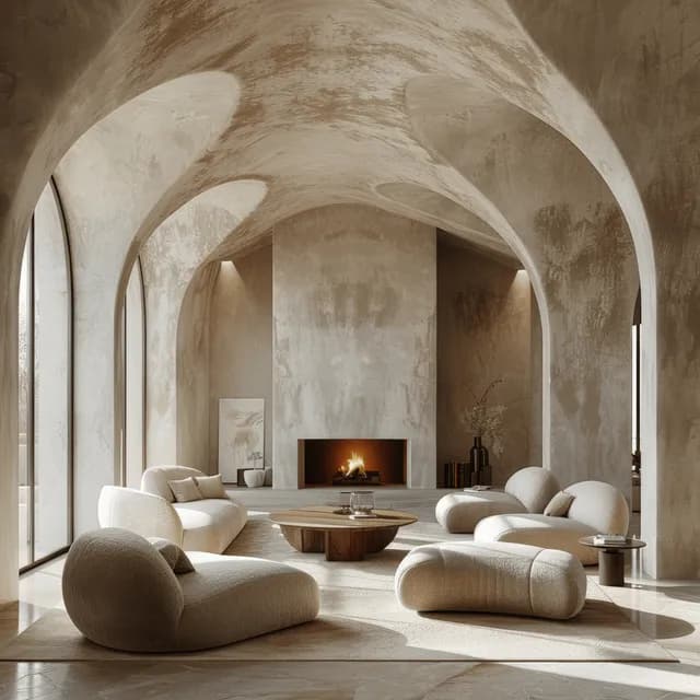 Minimalist living room with arched stucco ceiling and a lit fireplace behind cream lounge seating.