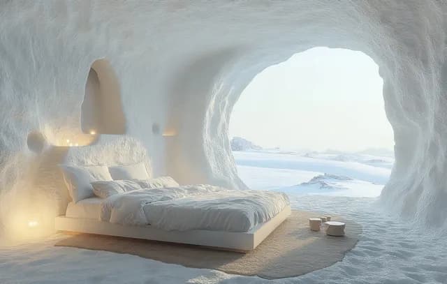 Cozy bed inside a snow cave with warm lighting and an arched view of bright snowy wilderness outside.