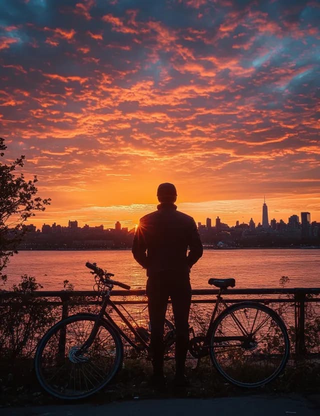 Silhouette of a Person with a Bicycle at Vibrant Orange Sunset