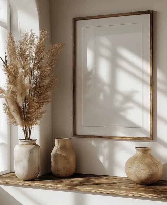 Blank framed poster hangs above a wooden shelf with pampas grass and neutral ceramic vases in a bohemian interior.