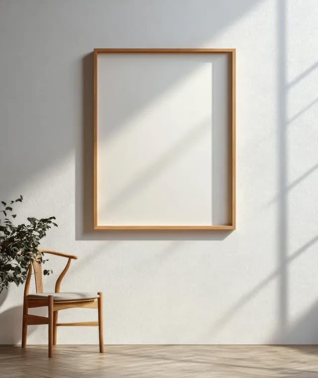 Minimalist wooden picture frame on a white wall with soft sunlit shadows and a chair nearby.