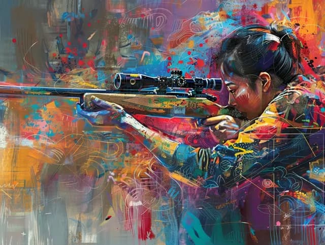 Prone 50m rifle shooter aiming at the target, with vivid abstract paint splashes around the scene.