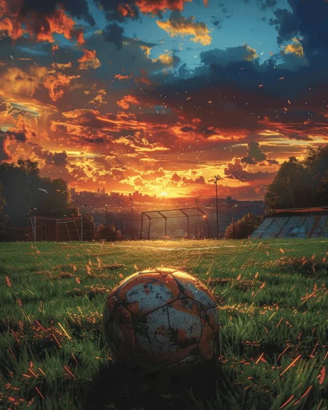 Impressionist sunset soccer field with a ball foreground and empty stadium stands