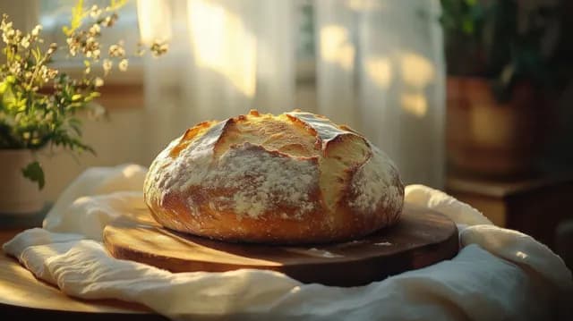 Round crusty bread loaf with flour dust on a wooden board over white cloth in warm morning sunlight.